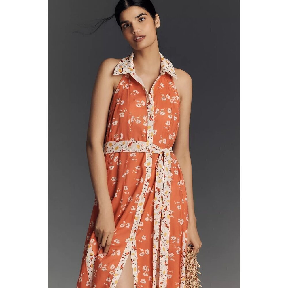 Maeve Halter Open-Back Godet Midi Shirt Dress M
